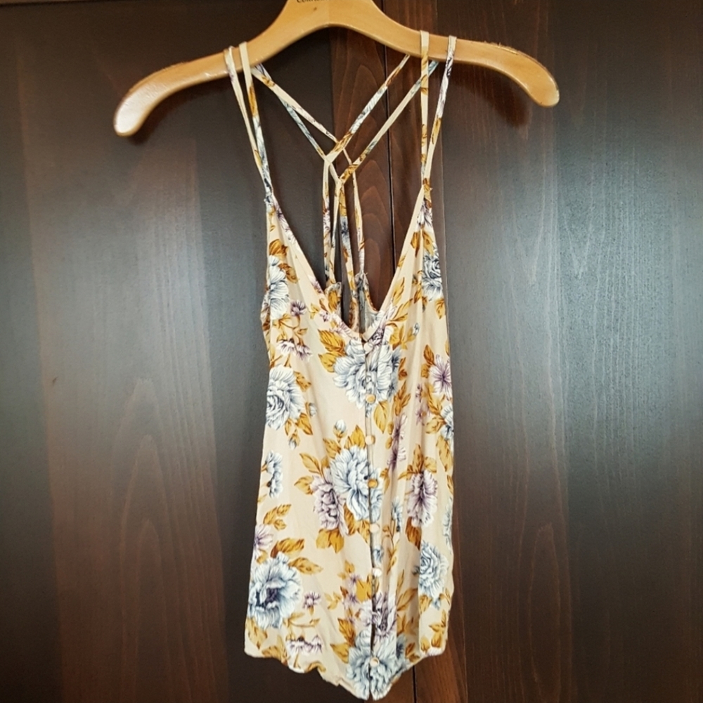 American Eagle Outfitters Beige Floral Tank Top with Blue and Mustard Flowers